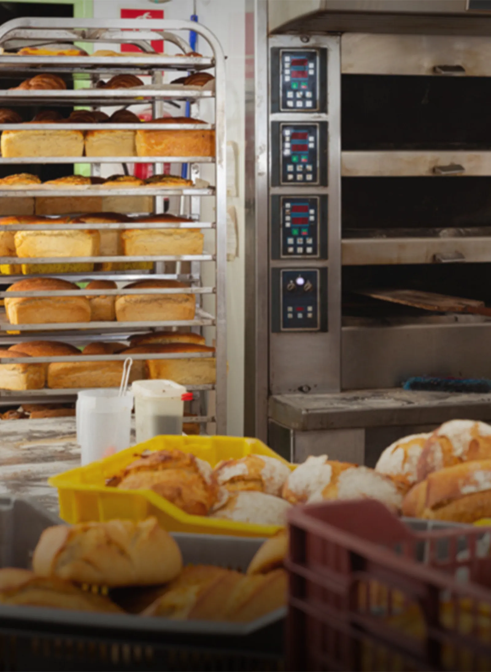 Horno de panadería con bandejas de pan horneado con pellets de madera
